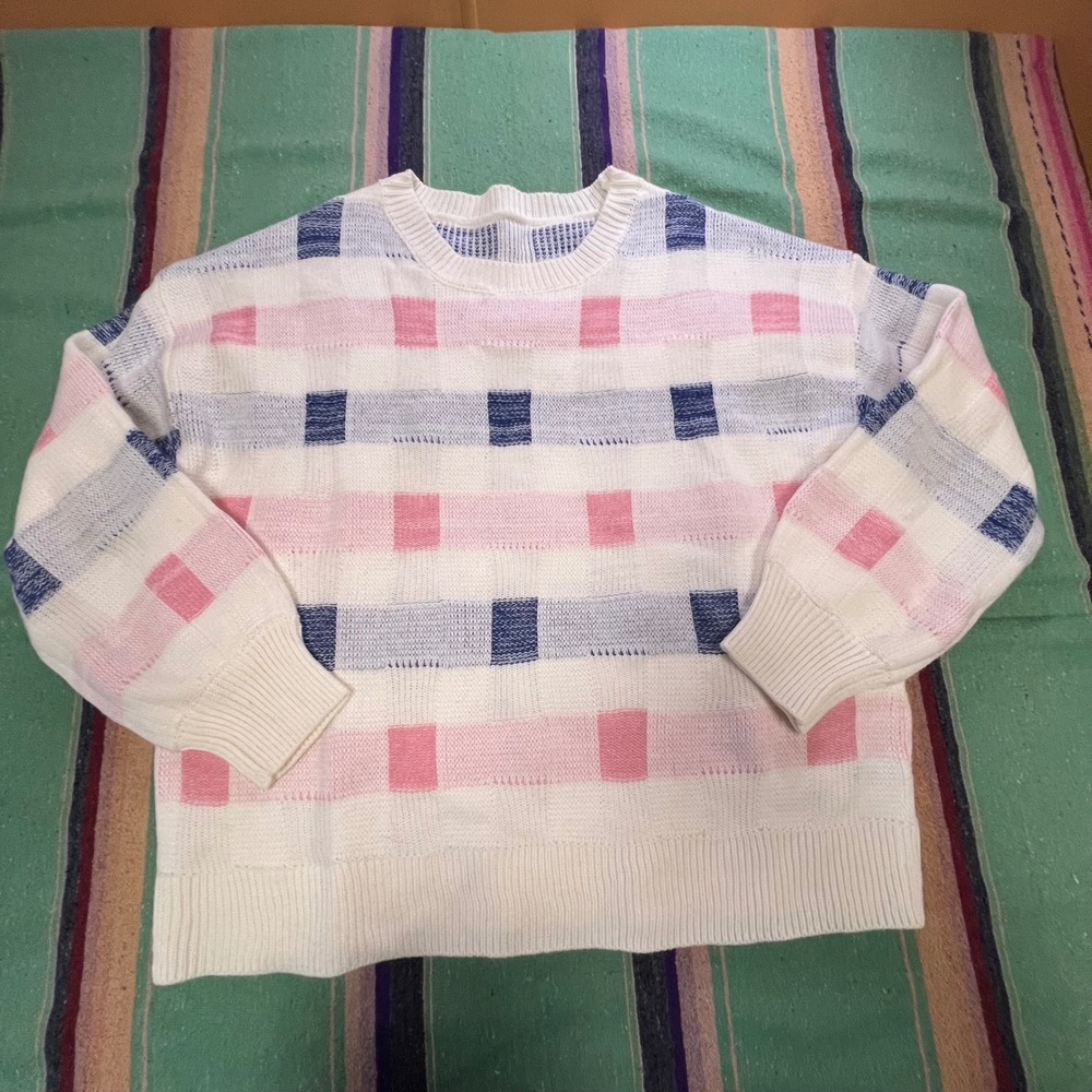 Emery Rose Sweater Womens 1XL Pink Blue White Geometric Block Knit Crewneck